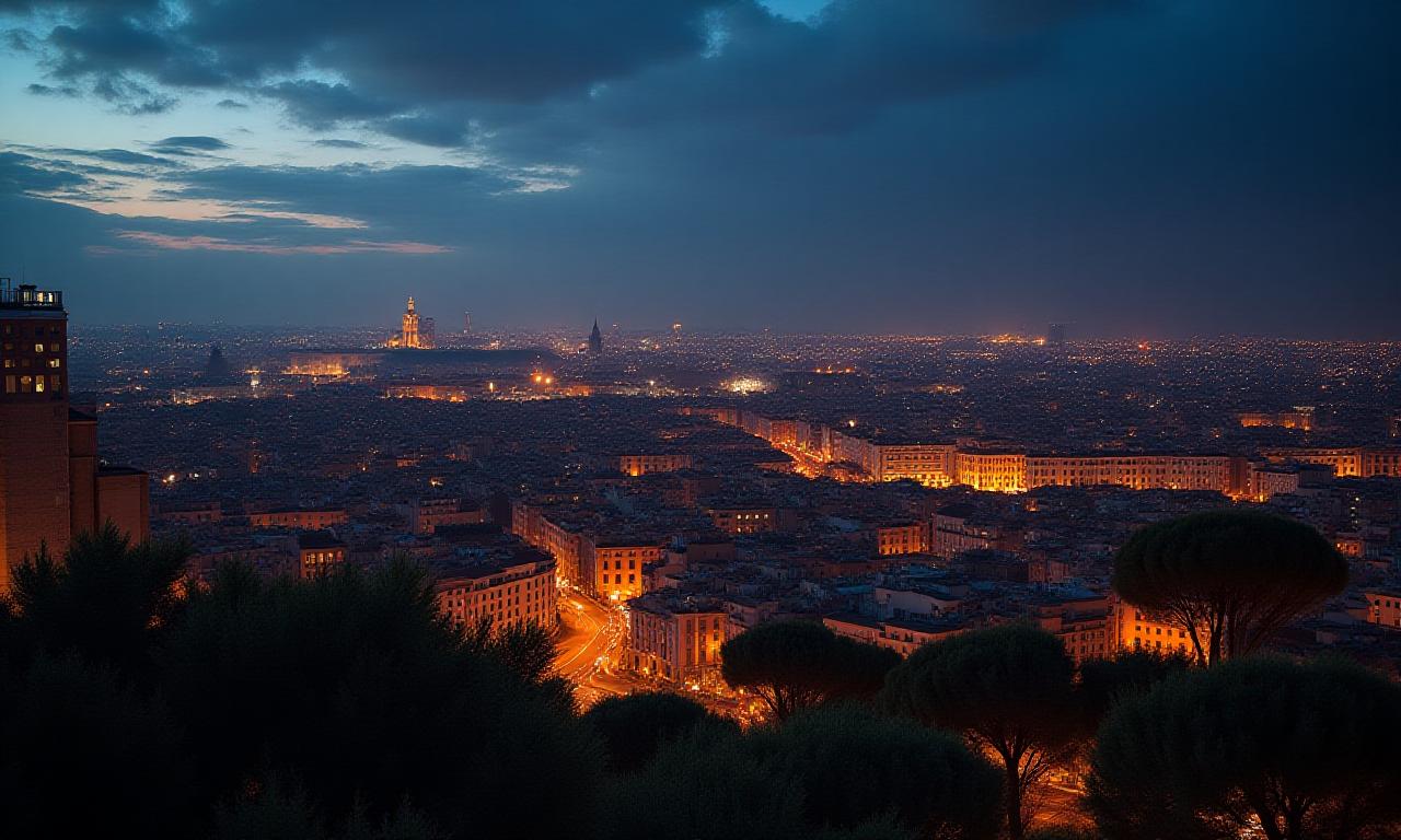 Panoramica serale di Roma dal Riflesso Nero, con luci scintillanti della città.