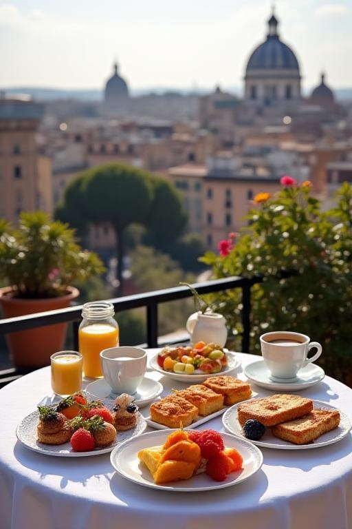 Colazione servita su un balcone privato con vista su Roma.