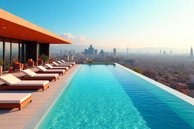 Piscina sul tetto con lettini e vista panoramica.