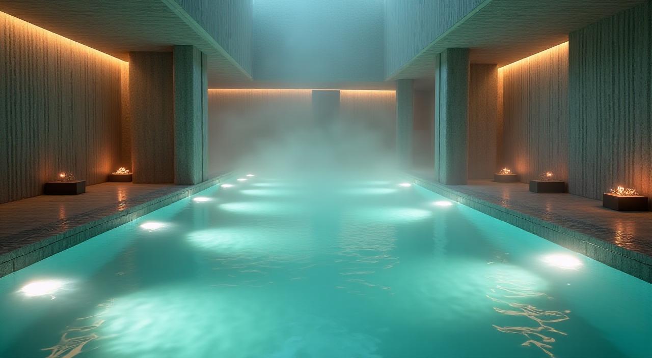 Ipnotica piscina termale interna della spa, avvolta in luci soffuse, promettendo relax e rigenerazione.