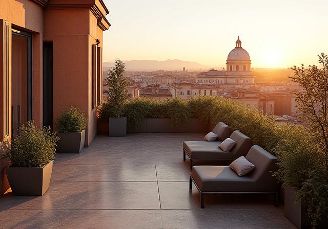 Terrazza privata mozzafiato della Suite Imperiale con vista sui tetti antichi di Roma.